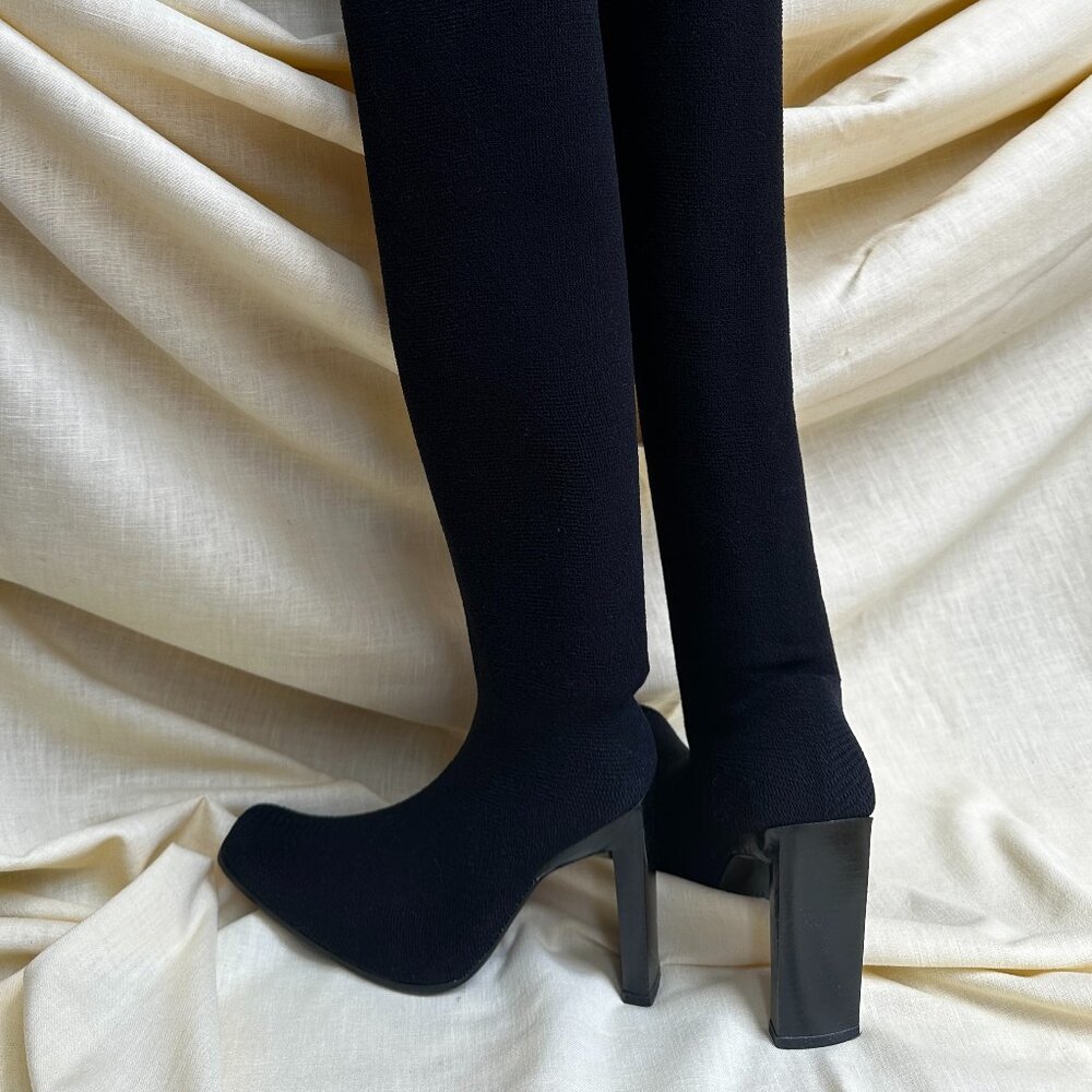 Bebe Black Stretch Thigh High Boot 4 Inch Heel	Size 6 1/2
